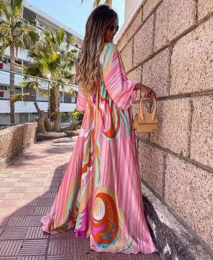 New fizzle V-neck short sleeve printed long dress