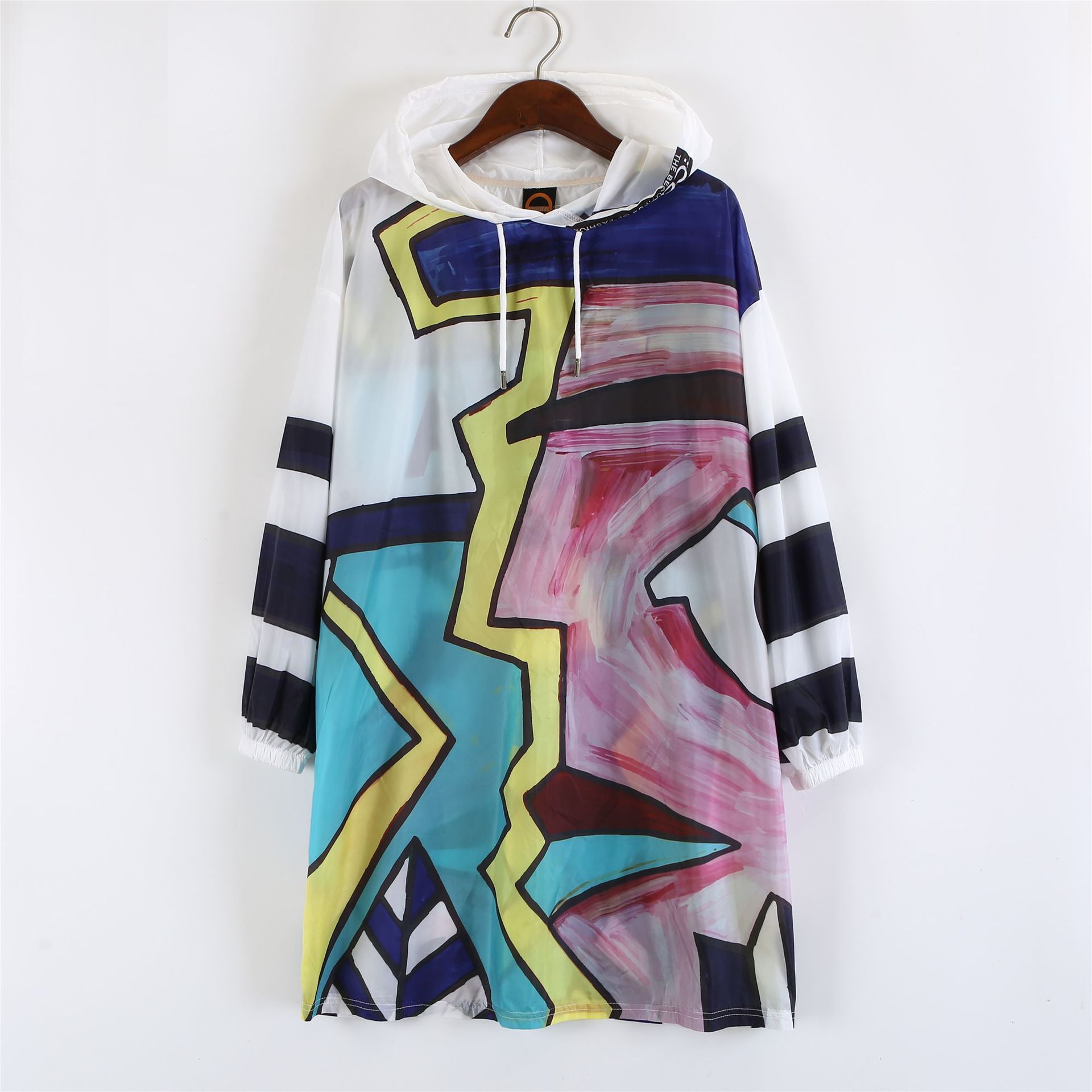 Summer New Hooded Hooded Women'S Sunscreen Clothes Long-Sleeved Geometric Color Matching Casual Loose Large Size Ladies - fizzle