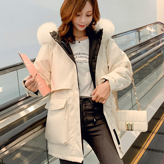 Hooded Faux Fur Collar  Big Pocket Down Jacket Female Winter Coat