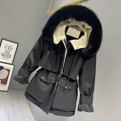Hooded Faux Fur Collar  Big Pocket Down Jacket Female Winter Coat