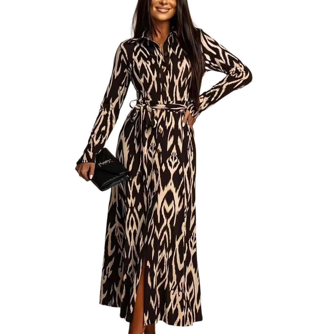 Womens Leopard-print Long-sleeve Dress With Tie-detail - fizzle