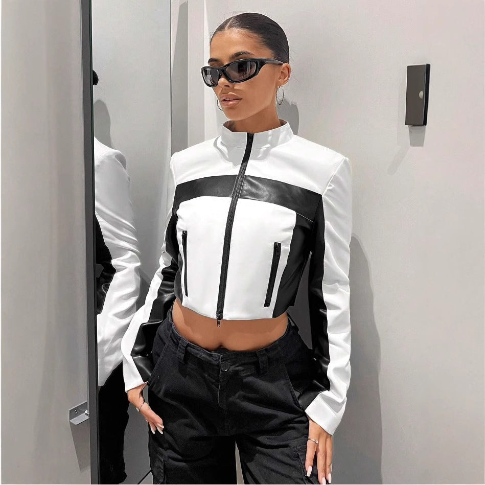 Black And White Contrast Color Leather Coat Women's Zipper Short Slim Jacket - fizzle