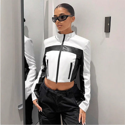 Black And White Contrast Color Leather Coat Women's Zipper Short Slim Jacket - fizzle