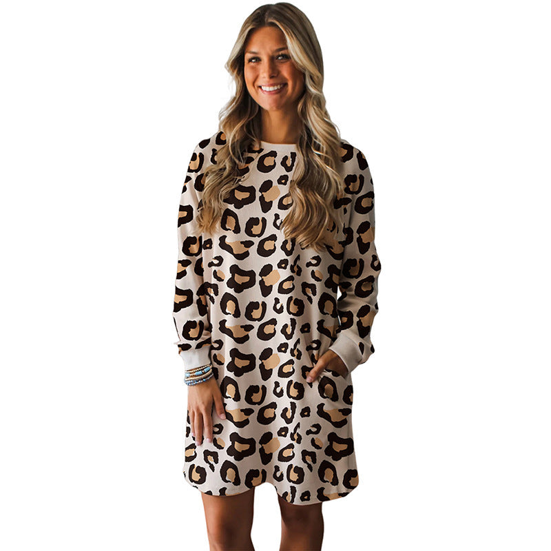 Womens Relaxed Casual Leopard-print Long-sleeve Dress - fizzle