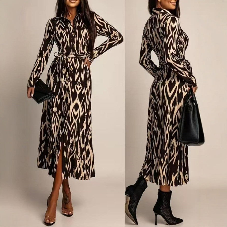 Womens Leopard-print Long-sleeve Dress With Tie-detail - fizzle