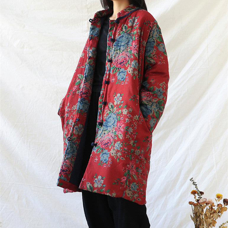 Winter Cotton And Linen Women Retro Art Floral Print Cotton Clothing Cotton Coat - fizzle