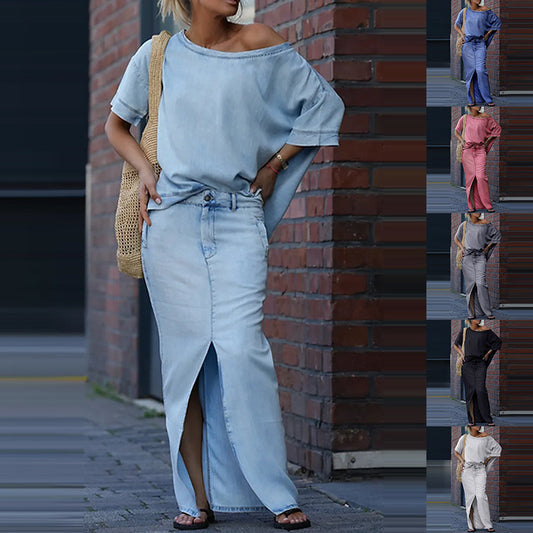 Two-piece Skirt Suits Fashion Loose Bat-sleeved Short Sleeve Top And Slim Fit Slit Maxi Skirt Patchwork Chic Outfit Women's Clothing - fizzle