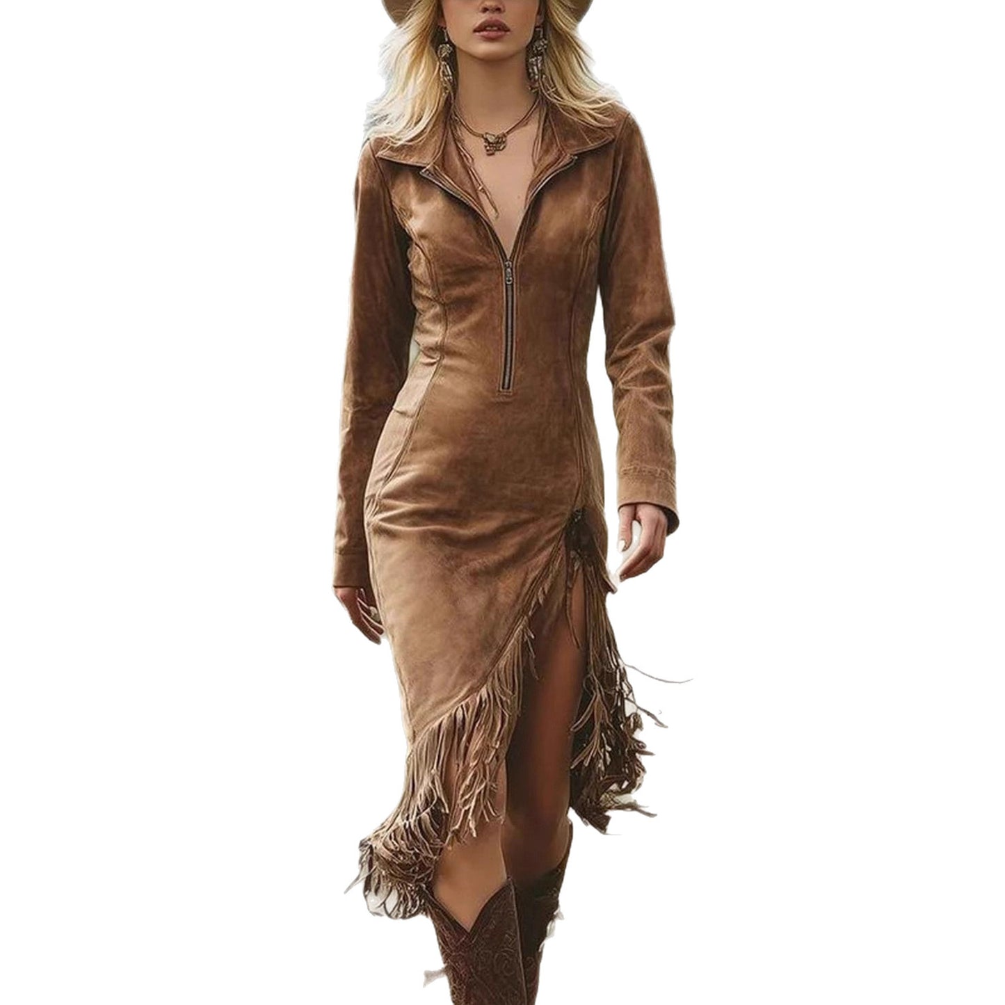 Cowboy Style Suede Fringe Slim-fit Long Sleeve Dress - fizzle