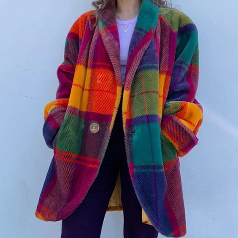 Rainbow Color Plaid Lapel Jacket With Pockets  Coat For Women Clothing - fizzle
