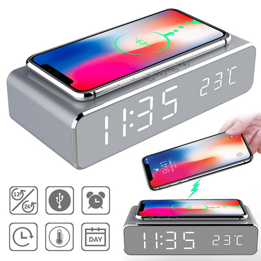 LED Electric Alarm Clock With Wireless Charger Desktop Digital Despertador Thermometer Clock HD Mirror Clock Watch Table Decor - fizzle