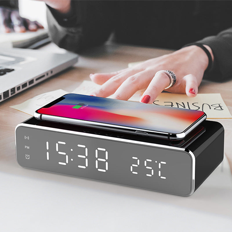 LED Electric Alarm Clock With Wireless Charger Desktop Digital Despertador Thermometer Clock HD Mirror Clock Watch Table Decor - fizzle