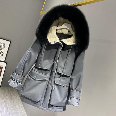 Hooded Faux Fur Collar  Big Pocket Down Jacket Female Winter Coat