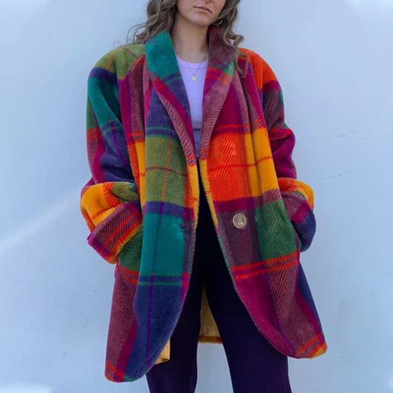 Rainbow Color Plaid Lapel Jacket With Pockets  Coat For Women Clothing - fizzle