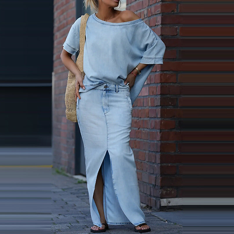 Two-piece Skirt Suits Fashion Loose Bat-sleeved Short Sleeve Top And Slim Fit Slit Maxi Skirt Patchwork Chic Outfit Women's Clothing - fizzle