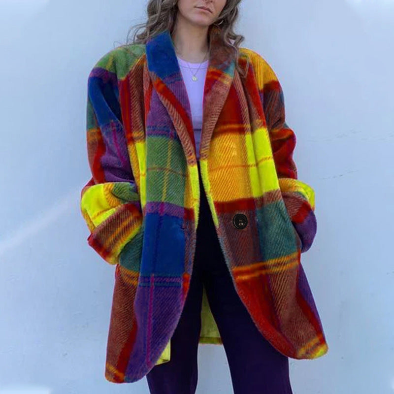 Rainbow Color Plaid Lapel Jacket With Pockets  Coat For Women Clothing - fizzle
