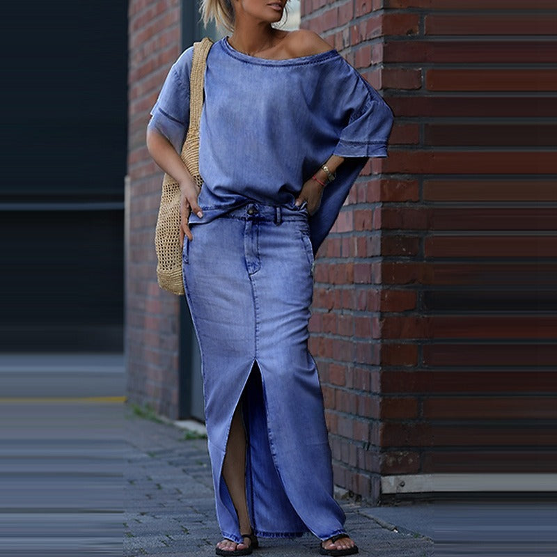 Two-piece Skirt Suits Fashion Loose Bat-sleeved Short Sleeve Top And Slim Fit Slit Maxi Skirt Patchwork Chic Outfit Women's Clothing - fizzle