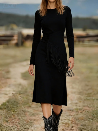 Women's Retro Western Crew-Neck Long-Sleeve Fringed Suede Velvet Dress