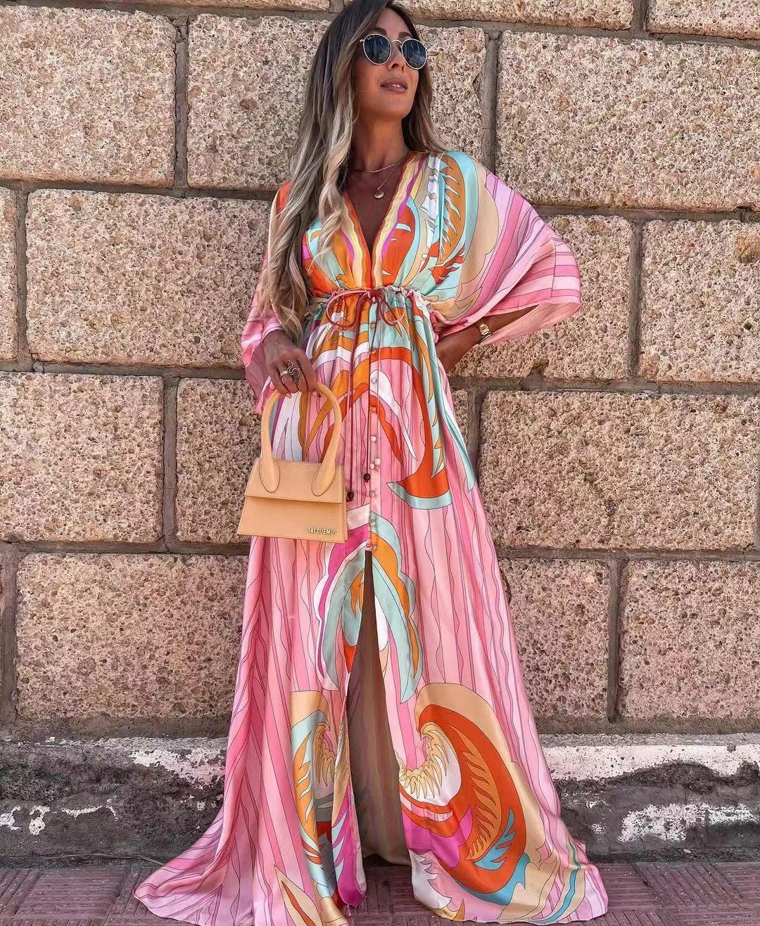 New fizzle V-neck short sleeve printed long dress
