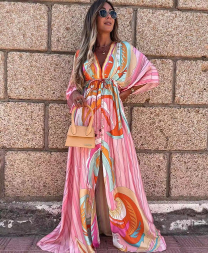 New fizzle V-neck short sleeve printed long dress