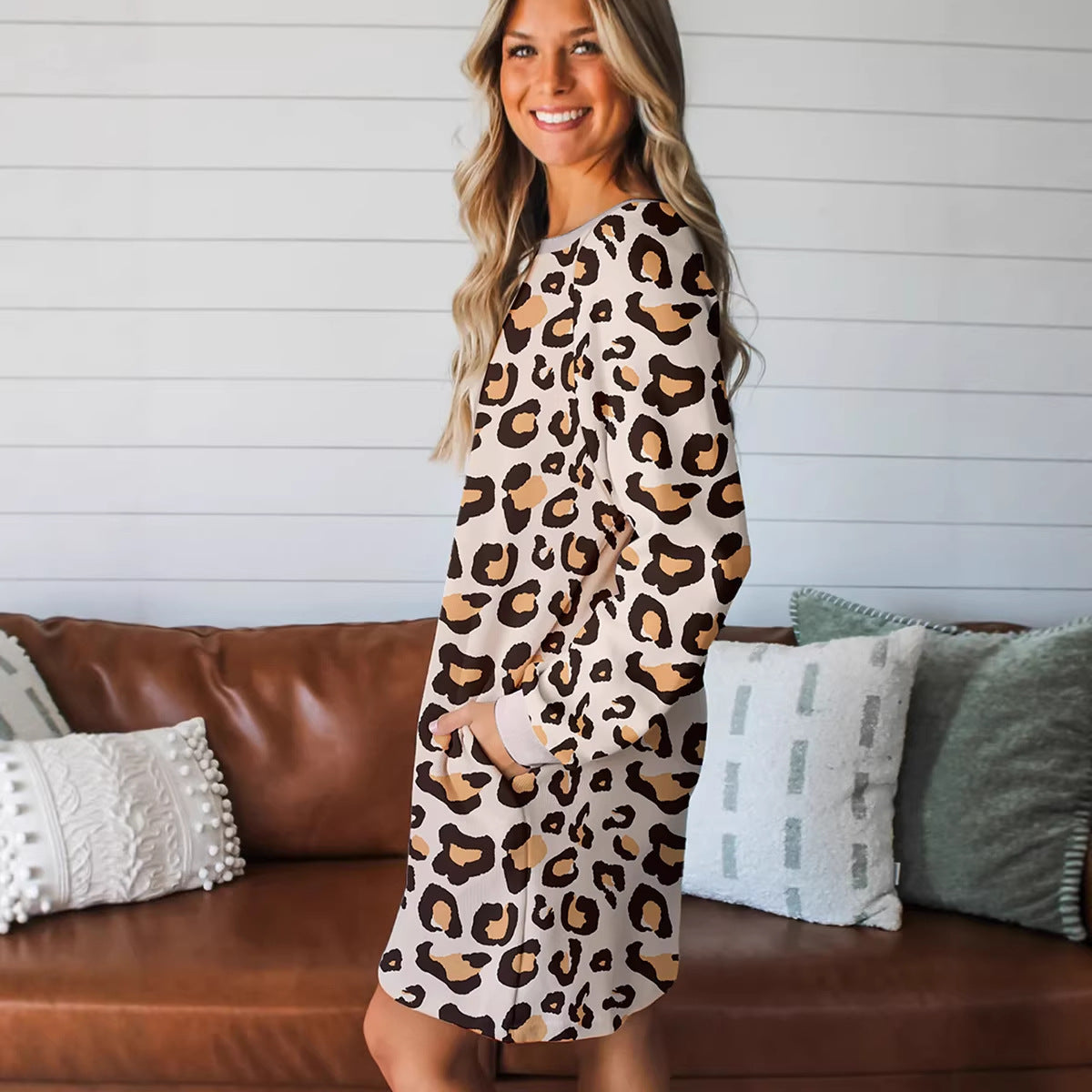 Womens Relaxed Casual Leopard-print Long-sleeve Dress - fizzle