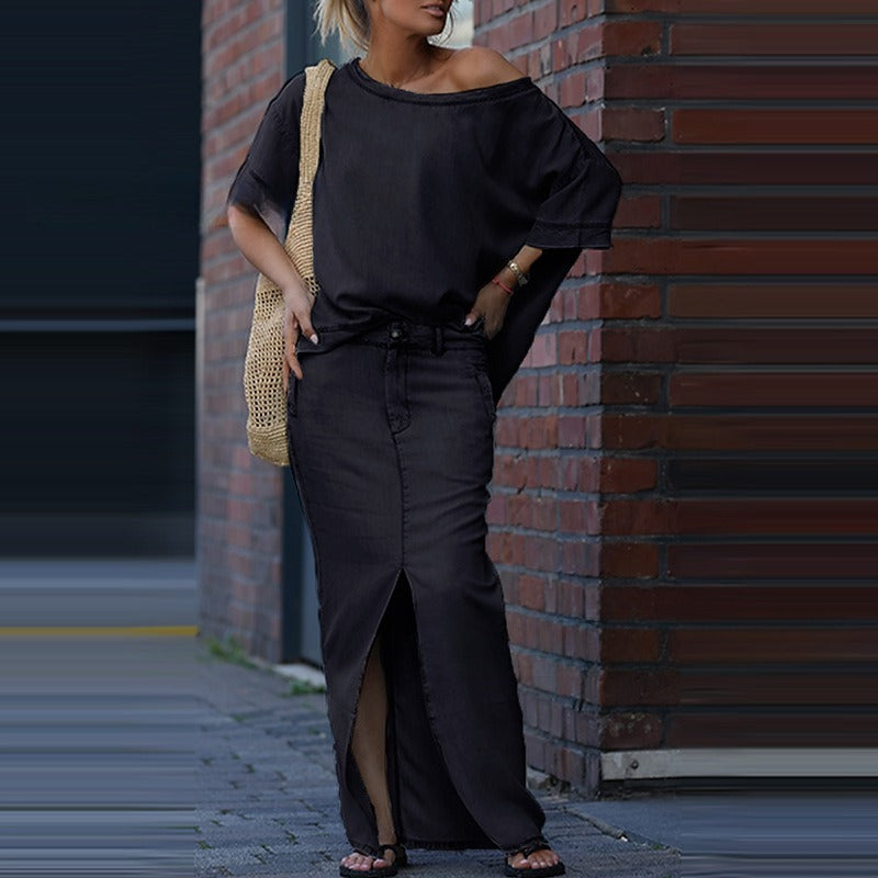 Two-piece Skirt Suits Fashion Loose Bat-sleeved Short Sleeve Top And Slim Fit Slit Maxi Skirt Patchwork Chic Outfit Women's Clothing - fizzle