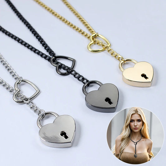 New Slip Chain Necklace  Cuban Long Necklace Adjustable Heart Shaped Lock Core With Key