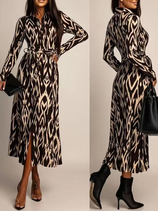 Womens Leopard-print Long-sleeve Dress With Tie-detail - fizzle