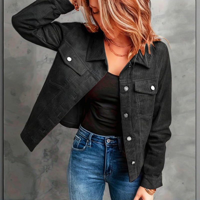 Women's Corduroy Long Sleeve Jacket - Casual Button-Up Coat With Flap Pockets, Fall & Spring Fashion Outerwear - fizzle
