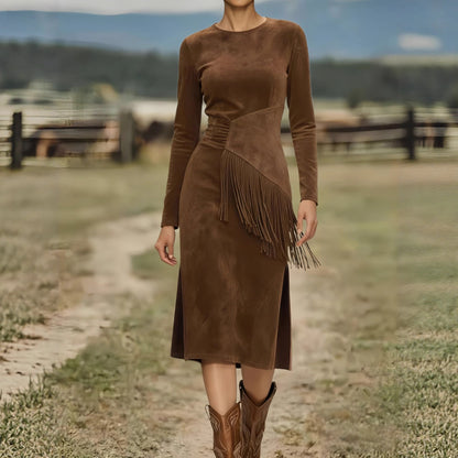 Women's Retro Western Crew-Neck Long-Sleeve Fringed Suede Velvet Dress