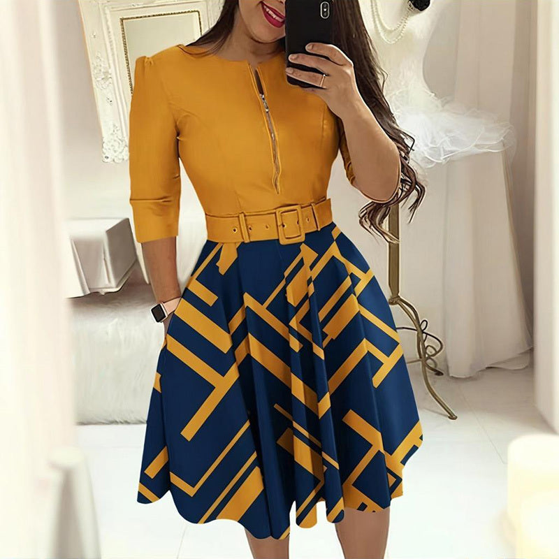 Women's Geometric Print A-Line Midi Dress Semi-Zip Neck Long Sleeve Dress With Belt Spring Summer Fashion Dress - fizzle