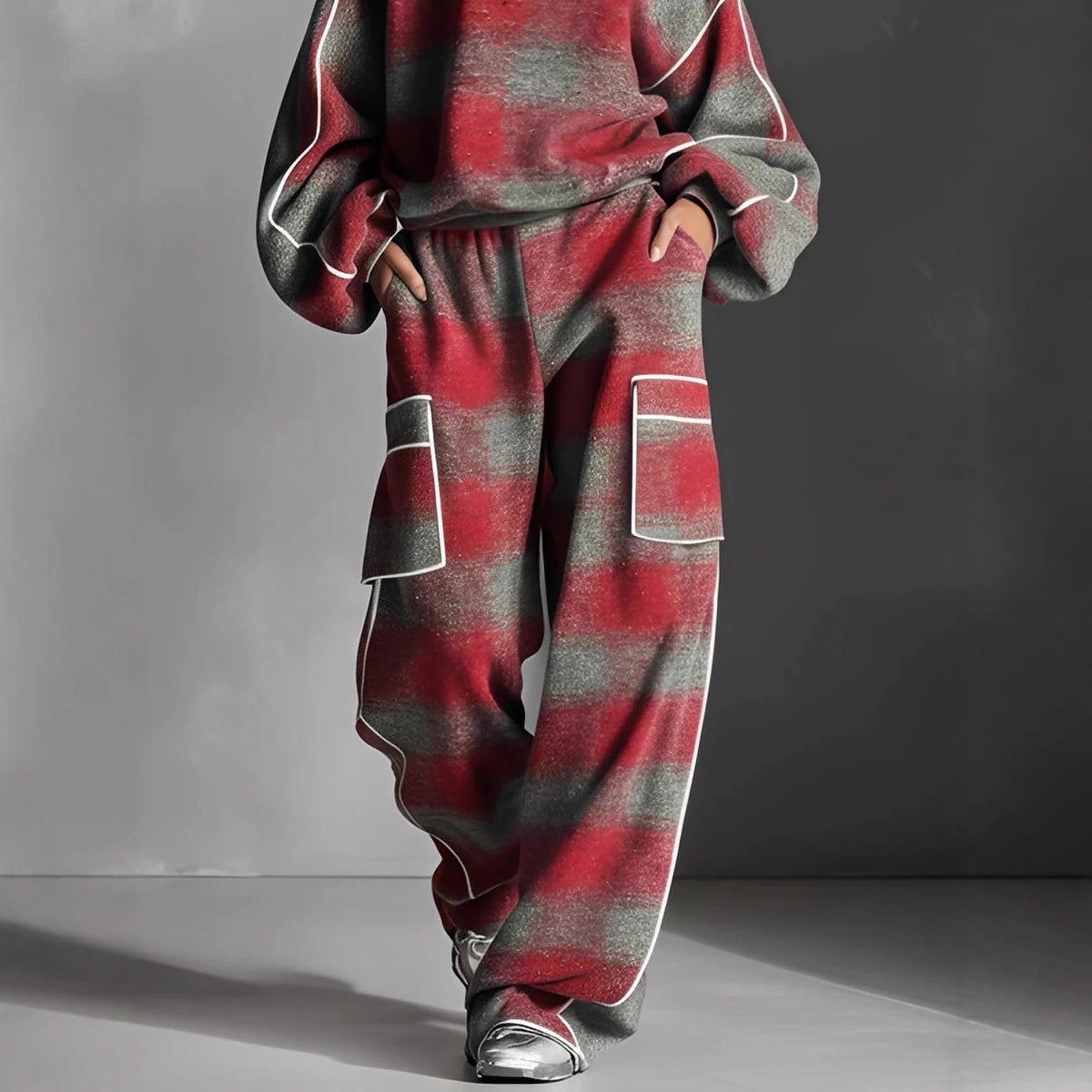 Womend Street Style Distressed Plaid Pantsuit With Contrasting Piping - fizzle