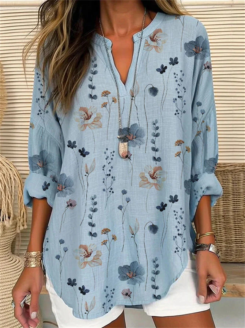 Flower Striped Printed Loose Long Sleeves Stand Collar Shirt - fizzle