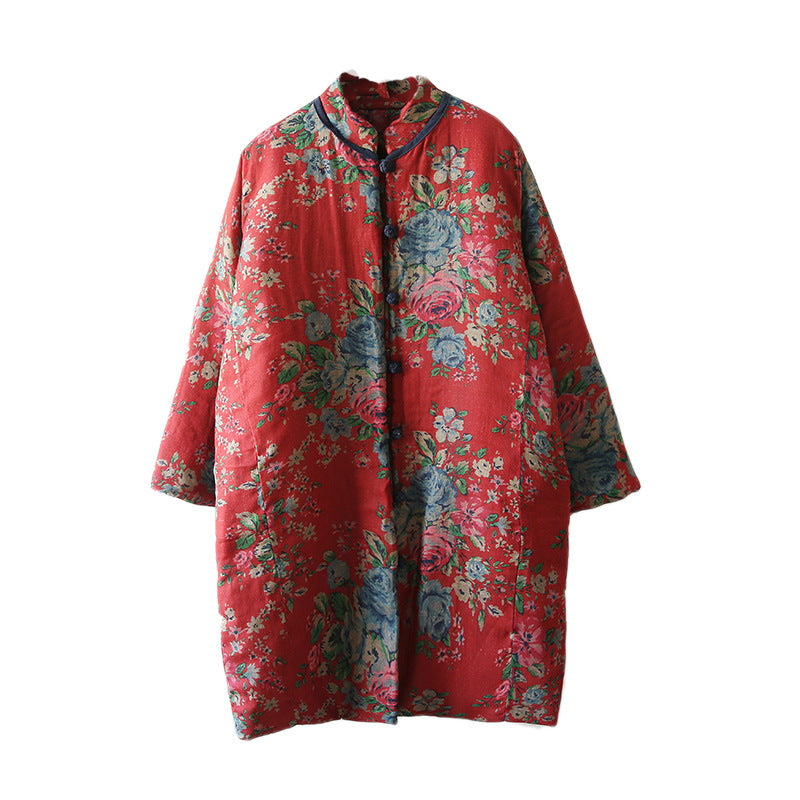 Winter Cotton And Linen Women Retro Art Floral Print Cotton Clothing Cotton Coat - fizzle