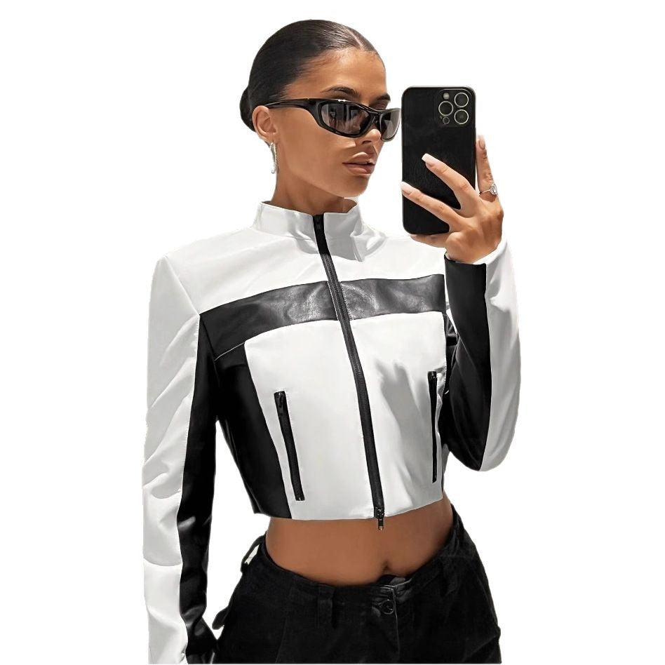 Black And White Contrast Color Leather Coat Women's Zipper Short Slim Jacket - fizzle