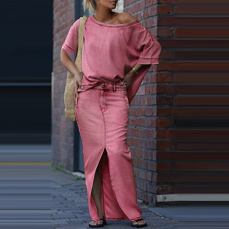 Two-piece Skirt Suits Fashion Loose Bat-sleeved Short Sleeve Top And Slim Fit Slit Maxi Skirt Patchwork Chic Outfit Women's Clothing - fizzle