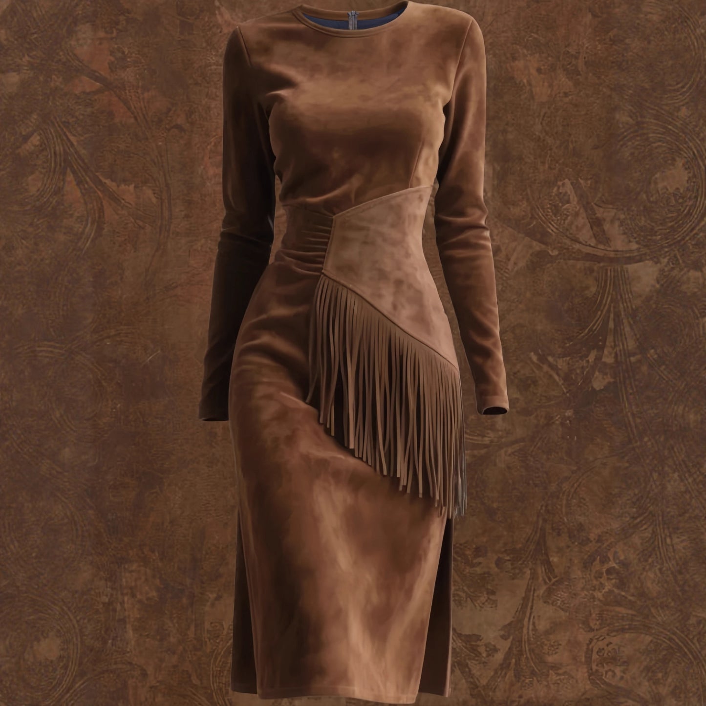 Women's Retro Western Crew-Neck Long-Sleeve Fringed Suede Velvet Dress