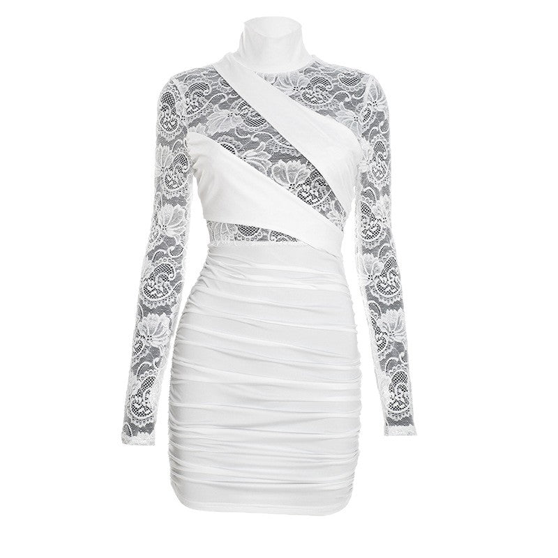 Womens Patchwork Lace Mock Neck Long-Sleeve Dress - fizzle