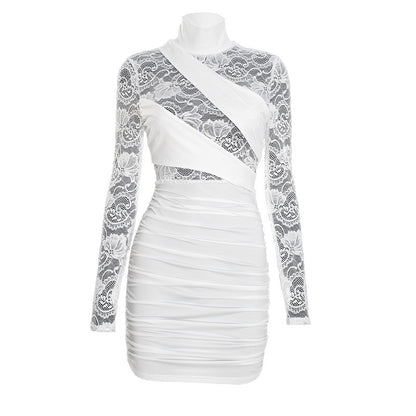 Womens Patchwork Lace Mock Neck Long-Sleeve Dress - fizzle