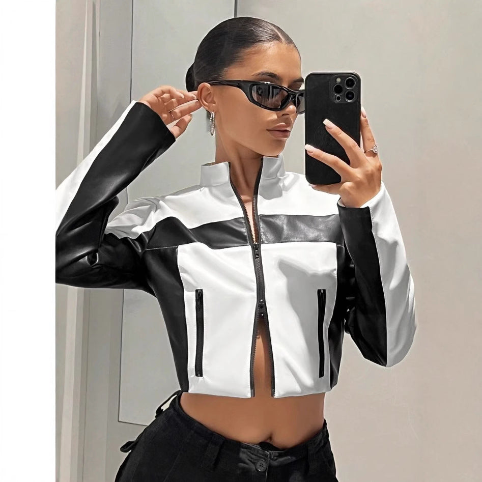Black And White Contrast Color Leather Coat Women's Zipper Short Slim Jacket - fizzle