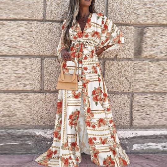 New fizzle V-neck short sleeve printed long dress