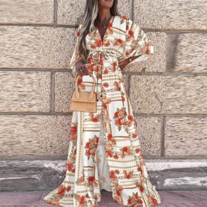 New fizzle V-neck short sleeve printed long dress