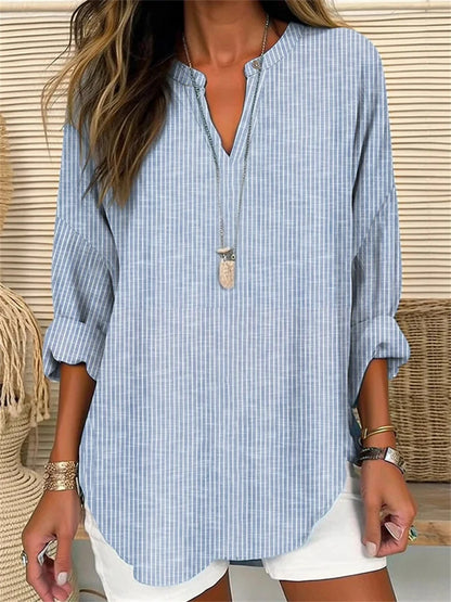 Flower Striped Printed Loose Long Sleeves Stand Collar Shirt - fizzle
