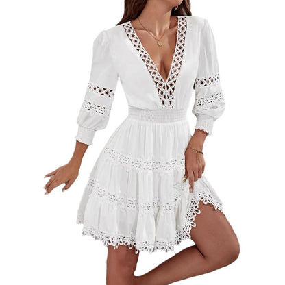 WVneck Lanternsleeve Lacetrimmed Slimfit party  Dress - fizzle