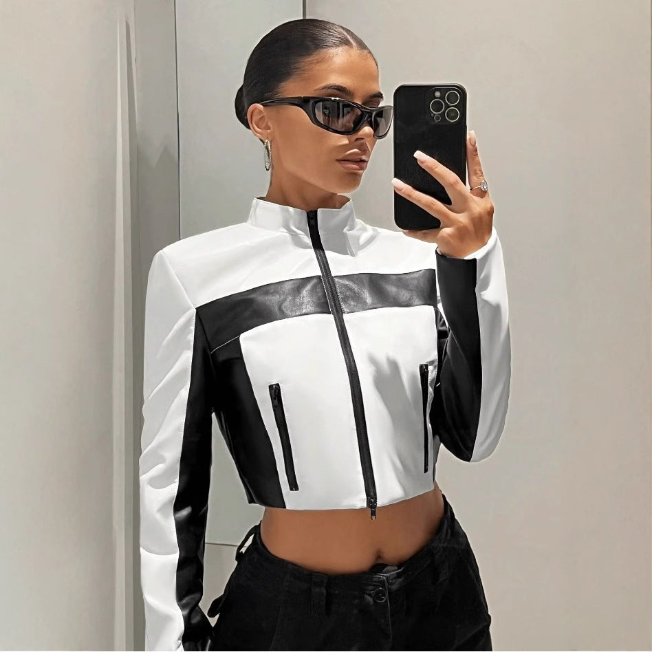 Black And White Contrast Color Leather Coat Women's Zipper Short Slim Jacket - fizzle