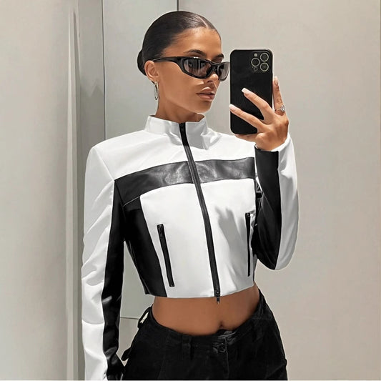 Black And White Contrast Color Leather Coat Women's Zipper Short Slim Jacket - fizzle