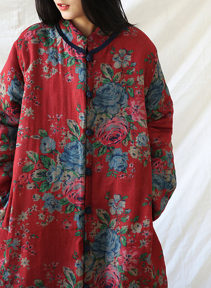 Winter Cotton And Linen Women Retro Art Floral Print Cotton Clothing Cotton Coat - fizzle