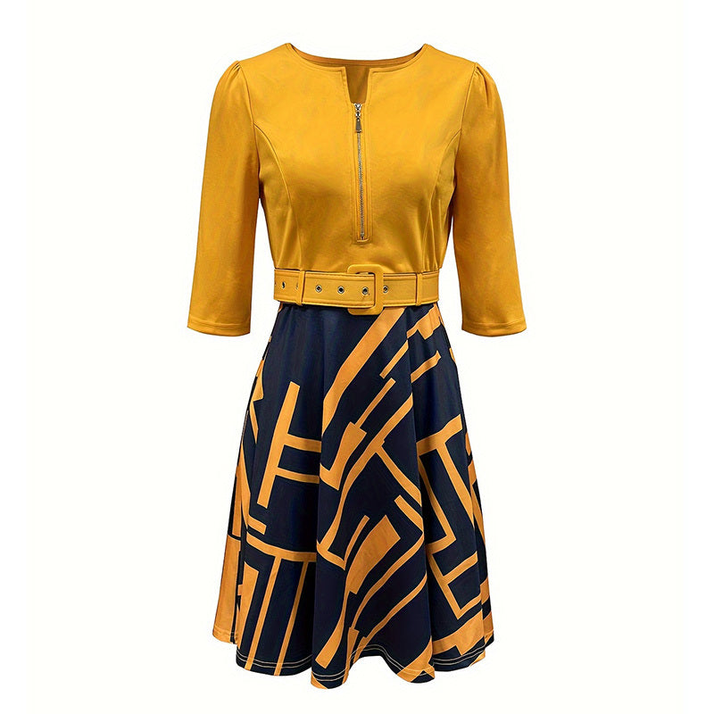 Women's Geometric Print A-Line Midi Dress Semi-Zip Neck Long Sleeve Dress With Belt Spring Summer Fashion Dress - fizzle
