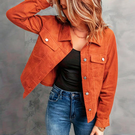 Women's Corduroy Long Sleeve Jacket - Casual Button-Up Coat With Flap Pockets, Fall & Spring Fashion Outerwear - fizzle