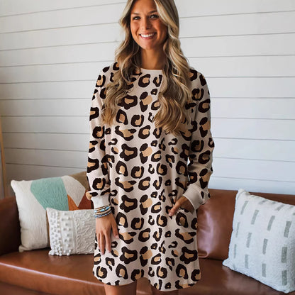 Womens Relaxed Casual Leopard-print Long-sleeve Dress - fizzle