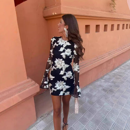 Flowers Bell-sleeved Dress Sexy Slim Long-sleeved Mesh Dresses For Party Club Women Clothing - fizzle